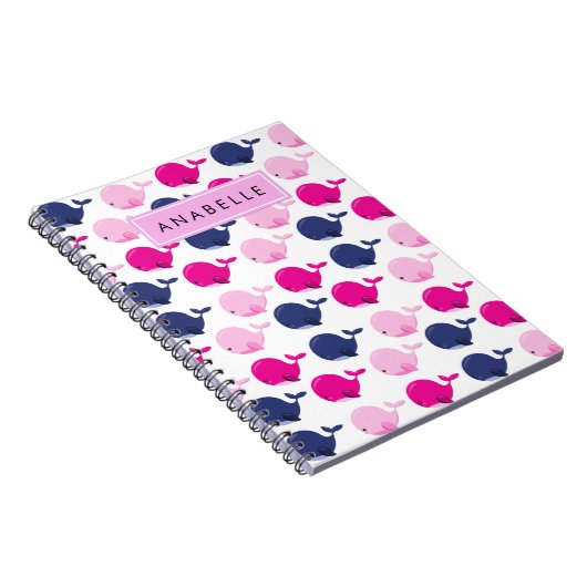 かわいいクジラ、クジラの模様、あなたの名前 ノートブック (右側)