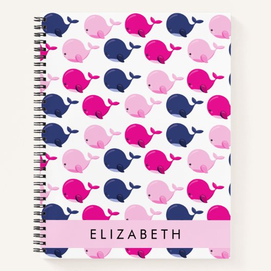 かわいいクジラ、クジラの模様、あなたの名前 ノートブック (正面)