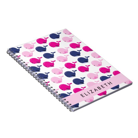 かわいいクジラ、クジラの模様、あなたの名前 ノートブック (右側)