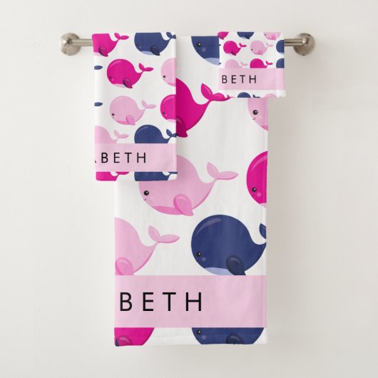 かわいいクジラ、クジラの模様、あなたの名前 バスタオルセット (インサイチュ)