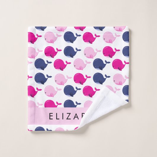 かわいいクジラ、クジラの模様、あなたの名前 バスタオルセット (ウォッシュタオル)