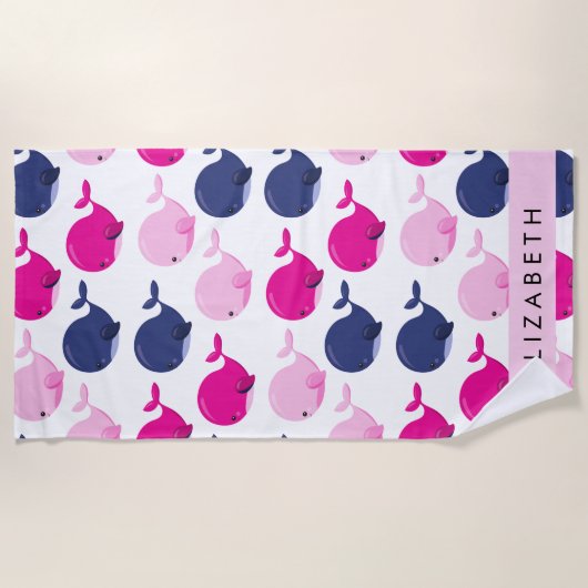 かわいいクジラ、クジラの模様、あなたの名前 ビーチタオル (正面)