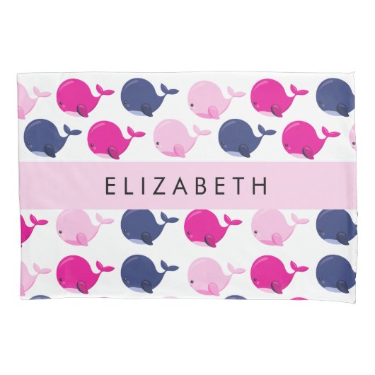 かわいいクジラ、クジラの模様、あなたの名前 枕カバー (正面)