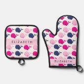 かわいいクジラ、クジラの模様、あなたの名前 鍋つかみ&鍋敷きセット (正面)