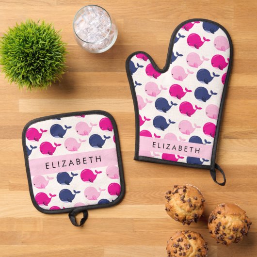 かわいいクジラ、クジラの模様、あなたの名前 鍋つかみ&鍋敷きセット (トップダウン)