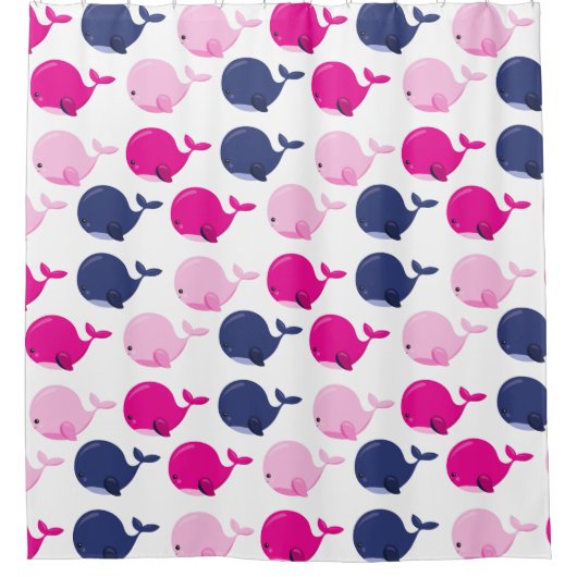 かわいいクジラ、クジラの模様、海獣 シャワーカーテン (正面)