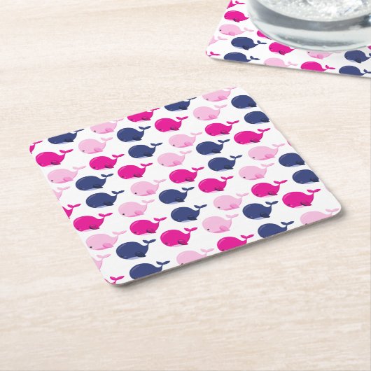 かわいいクジラ、クジラの模様、海獣 スクエアペーパーコースター (アングル)