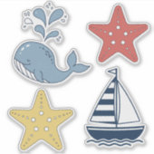 かわいいクジラ、ヒトデ、ヨット ID1251 シール (正面)