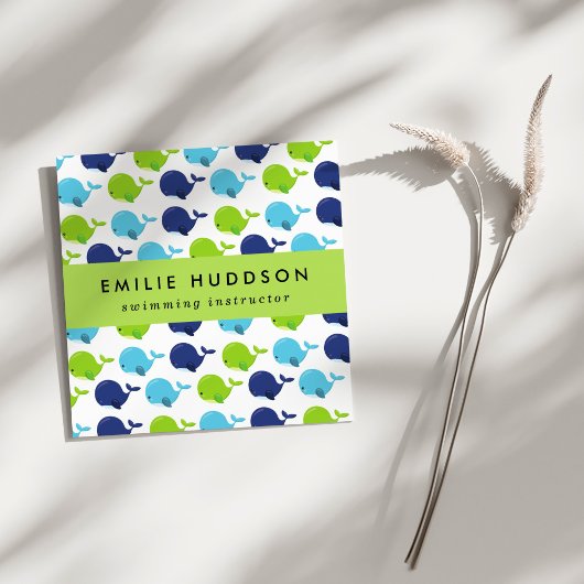 かわいいクジラ、泳ぐインストラクター、スイミングコーチ スクエア名刺