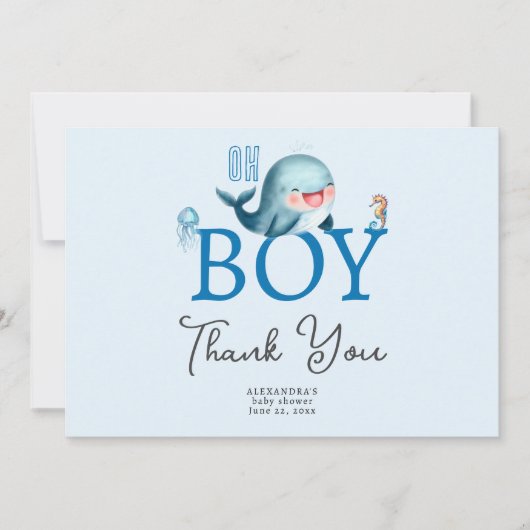 かわいいクジラ（海の中の男の子の赤ちゃんシャワー） サンキューカード (正面)
