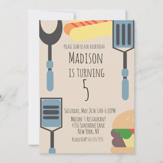 かわいいクックアウト誕生日パーティーハンバーガーホットドッグ 案内状 (正面)