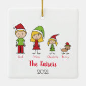 かわいいクパーソナライズされたリスマス家族と犬 セラミックオーナメント (裏面)