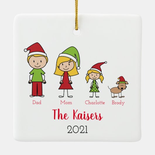 かわいいクパーソナライズされたリスマス家族と犬 セラミックオーナメント (裏面)