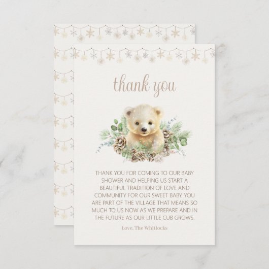 かわいいクマかわいい冬の緑の赤ちゃんシャワー サンキューカード (正面/裏面)