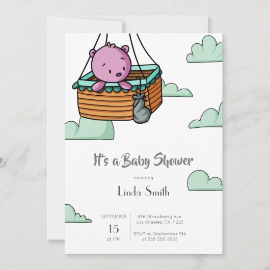 かわいいクマかわいい女の子の赤ちゃんシャワー 招待状 (正面)