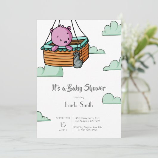 かわいいクマかわいい女の子の赤ちゃんシャワー 招待状 (スタンド正面)