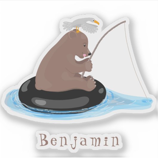 かわいいクマかわいい魚釣り漫画イラストレーション シール (正面)