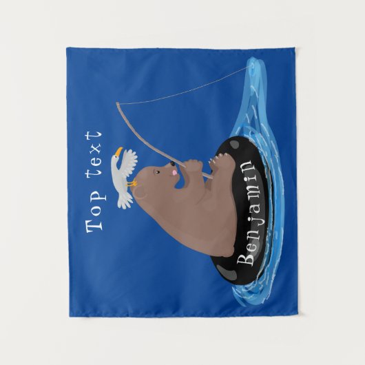 かわいいクマかわいい魚釣り漫画イラストレーション タペストリー (正面)