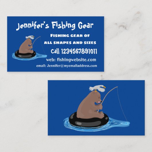 かわいいクマかわいい魚釣り漫画イラストレーション 名刺 (正面/裏面)