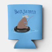 かわいいクマかわいい魚釣り漫画イラストレーション 缶クーラー (裏面)