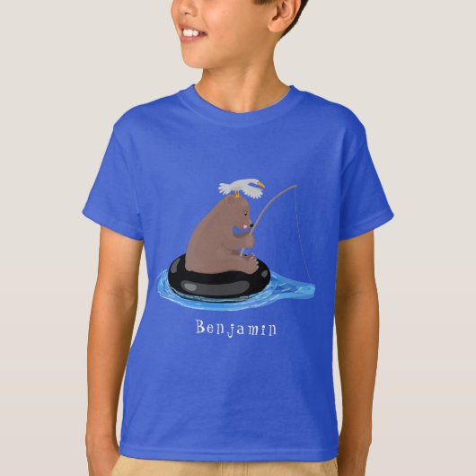 かわいいクマかわいい魚釣り漫画イラストレーション Tシャツ (正面)