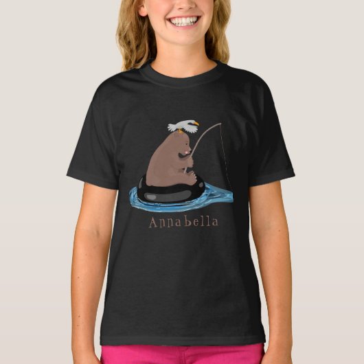 かわいいクマかわいい魚釣り漫画イラストレーション Tシャツ (正面)