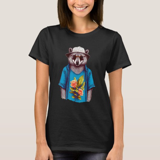 かわいいクマが帽子Tシャツとサングラスを着用 - 楽しい Tシャツ (正面)