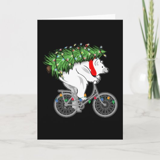 かわいいクマが自転車用クリスマスツリーのプレゼントを運ぶ カード (正面)