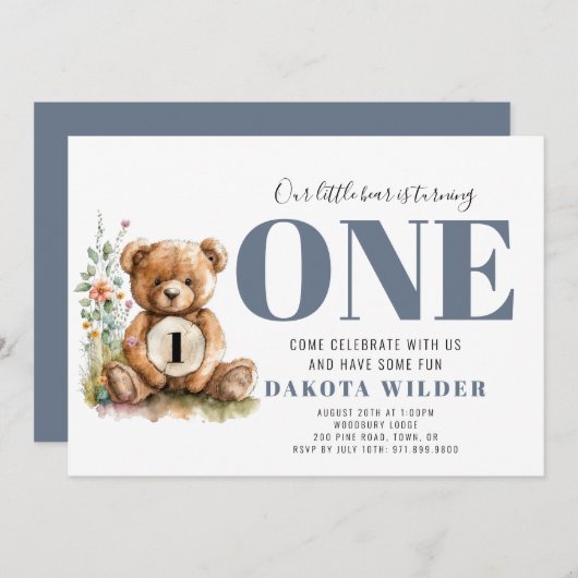 かわいいクマが誕生日パーティーを一周 招待状 (正面/裏面)