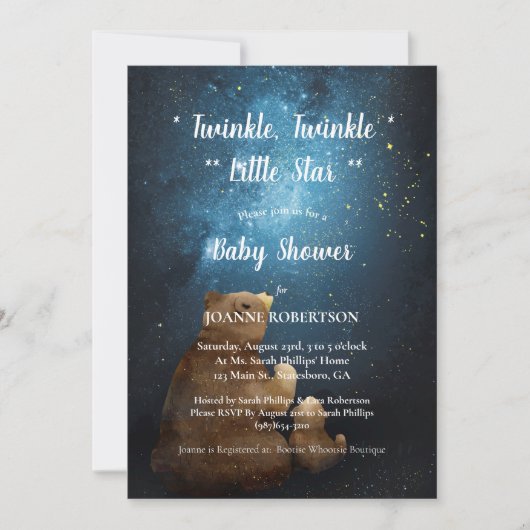 かわいいクマきらめく小さな星の赤ちゃんシャワー 招待状 (正面)