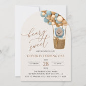 かわいいクマさん、青い風船、ファーストバースデー 招待状 (正面)