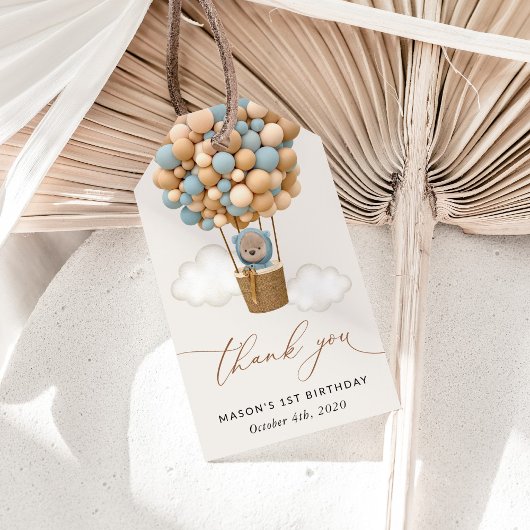 かわいいクマさん、青い風船、初めての誕生日 ギフトタグ