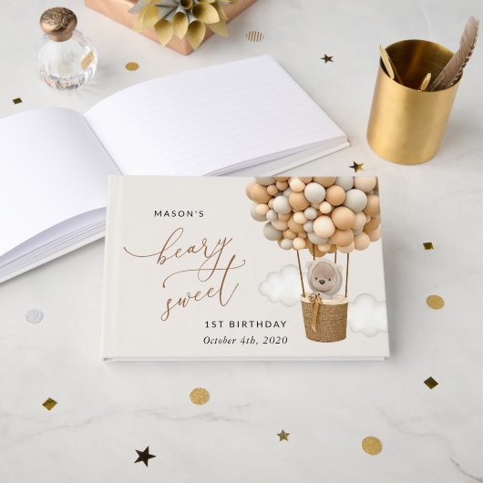 かわいいクマちゃん、ベージュの風船、初めての誕生日 ゲストブック (正面見開き)