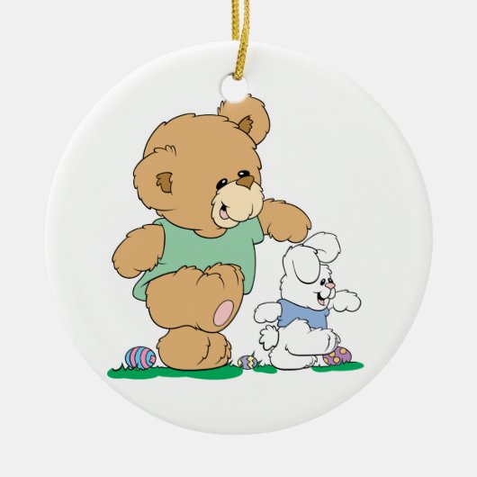 かわいいクマとイースターバニー セラミックオーナメント (正面)