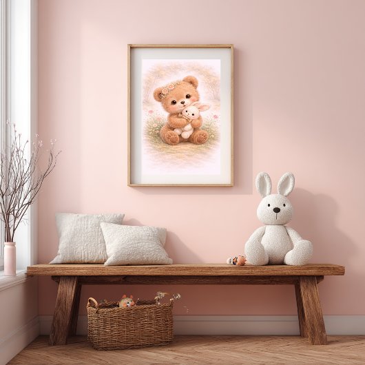 かわいいクマとウサギのニュートラルなベビー部屋イラスト ポスター