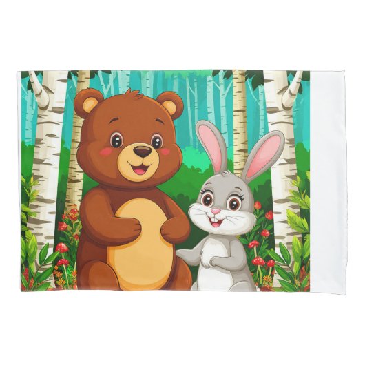 🐻🐰 かわいいクマとウサギの森の友情 🌿 枕カバー (正面)