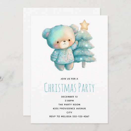 かわいいクマとクリスマスツリーのクリスマス 招待状 (正面/裏面)