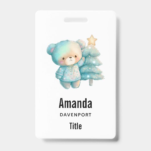 かわいいクマとクリスマスツリーのホリデー バッジ (正面)