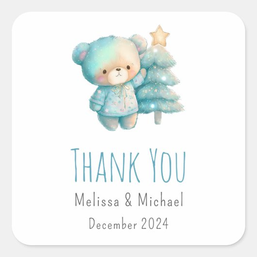 かわいいクマとクリスマスツリーホリデーサンキュー スクエアシール (正面)