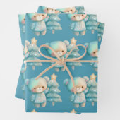 かわいいクマとクリスマスツリーホリデーパターン ラッピングペーパーシート (インサイチュ)