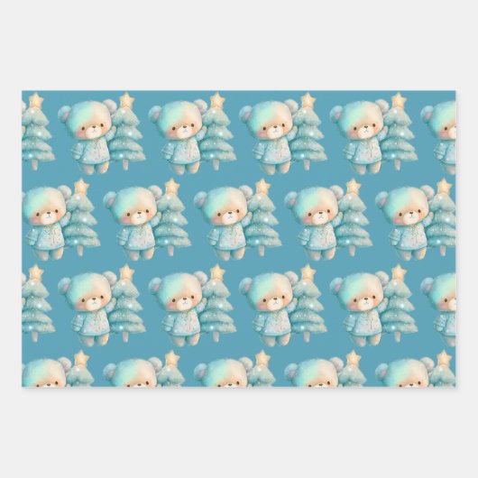 かわいいクマとクリスマスツリーホリデーパターン ラッピングペーパーシート (正面)