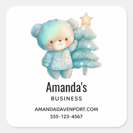 かわいいクマとクリスマスツリーホリデービジネス スクエアシール (正面)