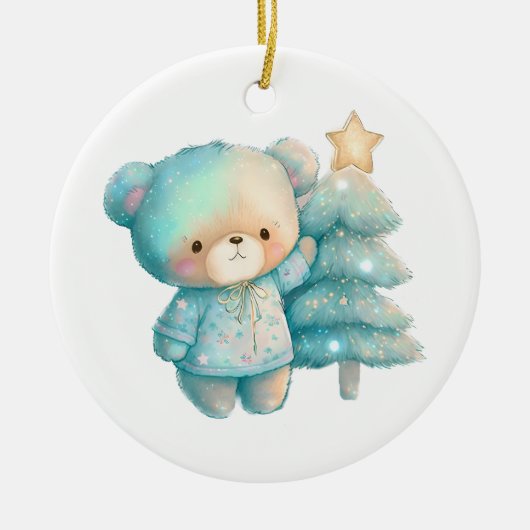 かわいいクマとクリスマスツリーホリデー セラミックオーナメント (正面)