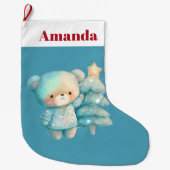 かわいいクマとクリスマスツリーホリデー ラージクリスマスストッキング (正面)