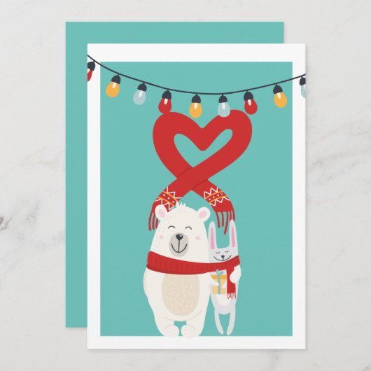 かわいいクマとバニーパーソナライズされたクリスマス シーズンカード (正面/裏面)