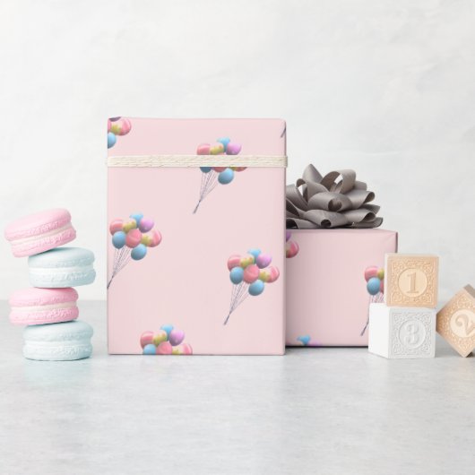 かわいいクマとバルーンの女の子 ラッピングペーパー (ベビーシャワー)