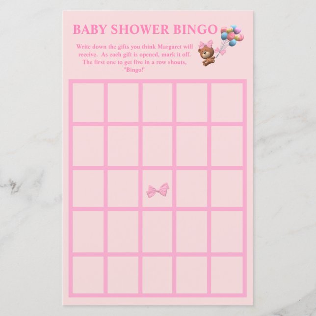 かわいいクマとバルーンをテーマにした赤ちゃんシャワービンゴ (正面)