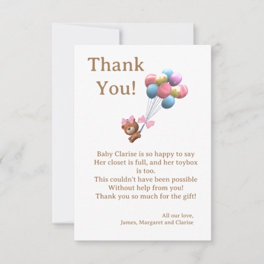 かわいいクマとバルーンテーマフラットサンキューカード サンキューカード (正面)