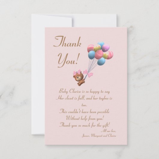 かわいいクマとバルーンテーマフラットサンキューカード サンキューカード (正面)