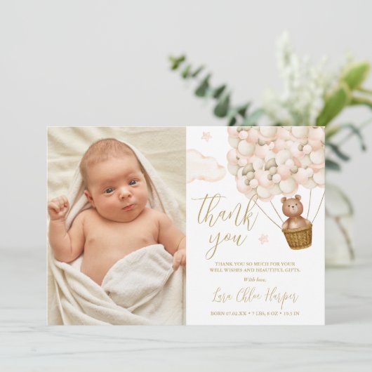 かわいいクマとバルーン新生児写真 サンキューカード (スタンド正面)